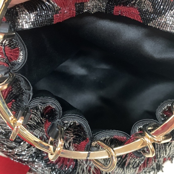 VALENTINO GARAVANI BEADED FRINGE SATIN CLUTCH WITH GOLD TONE ROUND HANDLE - Picture 14 of 16